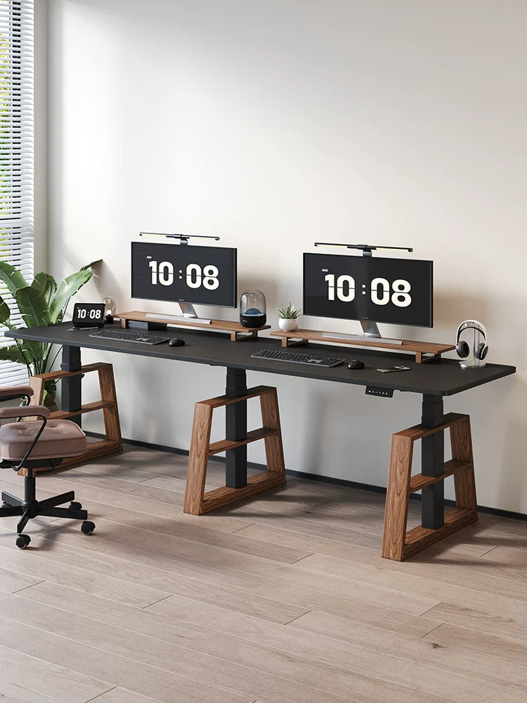 Extra-Wide Triple-Motor Standing Desk with Wood-Accent Legs with black carbon-fiber desktop