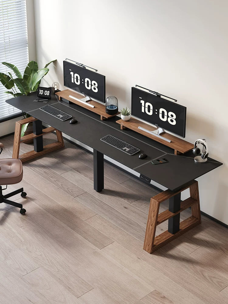 Extra-Wide Triple-Motor Standing Desk with Wood-Accent Legs black carbon-fiber desktop top view
