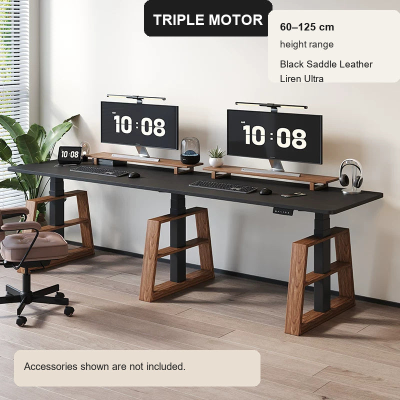 Extra-Wide Triple-Motor Standing Desk with Wood-Accent Legs - Black Saddle Leather / Liren Ultra