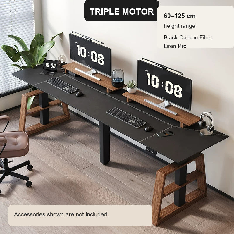 Extra-Wide Triple-Motor Standing Desk with Wood-Accent Legs - Black Carbon Fiber / Liren Pro