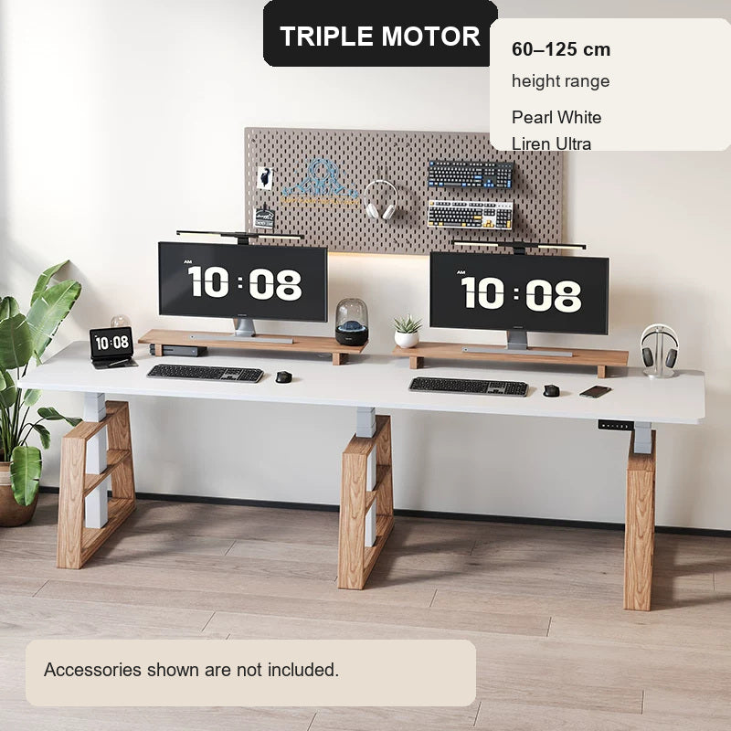 Extra-Wide Triple-Motor Standing Desk with Wood-Accent Legs - Pearl White / Liren Ultra