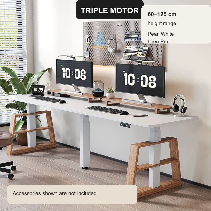 Extra-Wide Triple-Motor Standing Desk with Wood-Accent Legs - Pearl White / Liren Pro