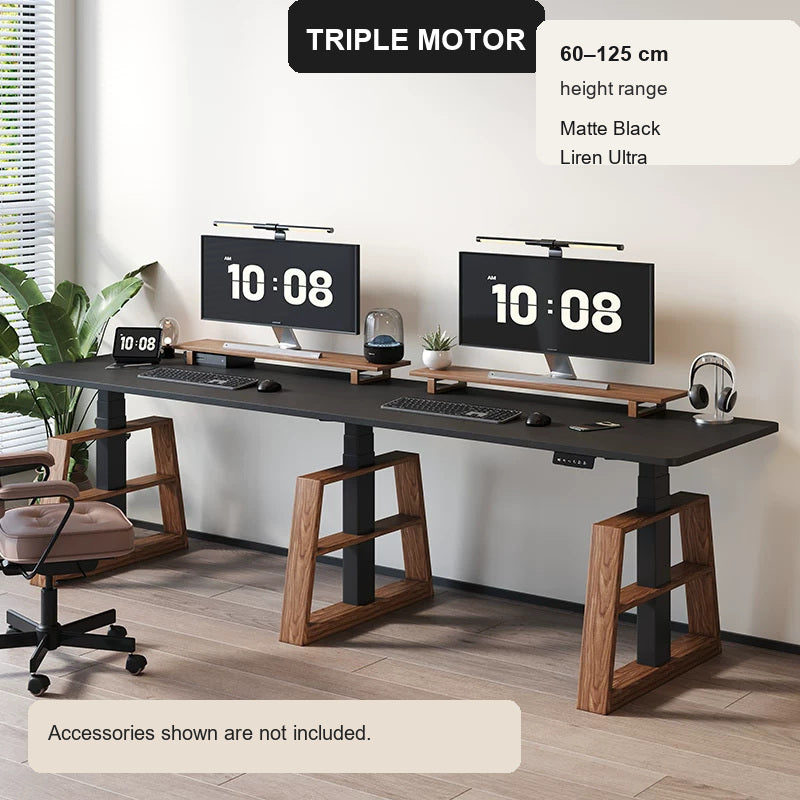 Extra-Wide Triple-Motor Standing Desk with Wood-Accent Legs - Matte Black / Liren Ultra