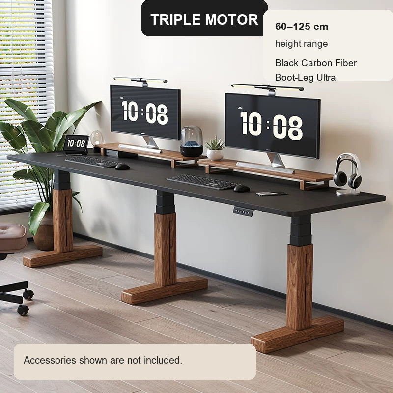 Extra-Wide Triple-Motor Standing Desk with Wood-Accent Legs - Black Carbon Fiber / Boot-Leg Ultra