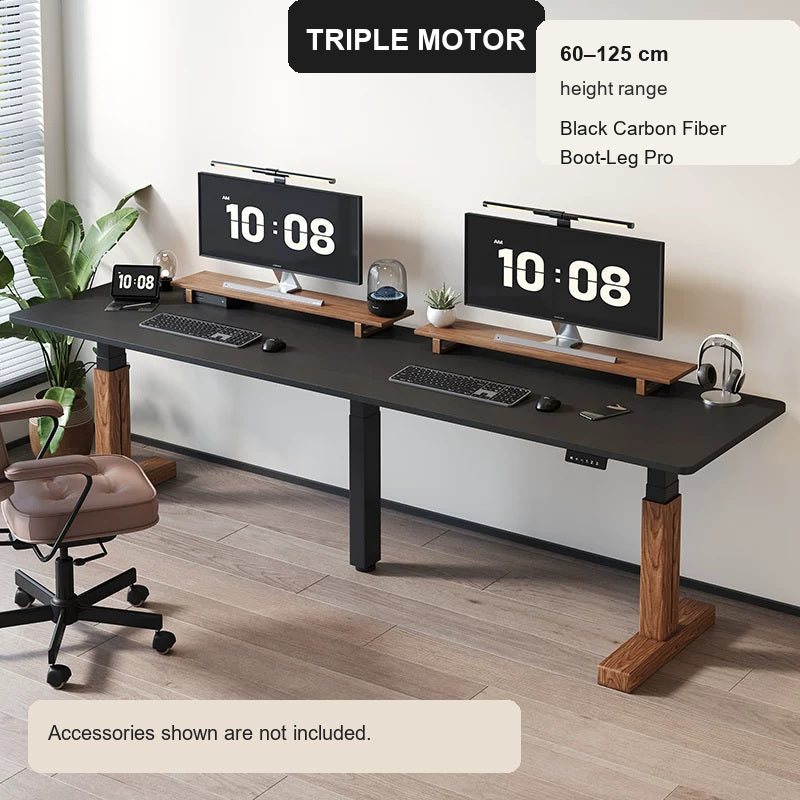Extra-Wide Triple-Motor Standing Desk with Wood-Accent Legs - Black Carbon Fiber / Boot-Leg Pro