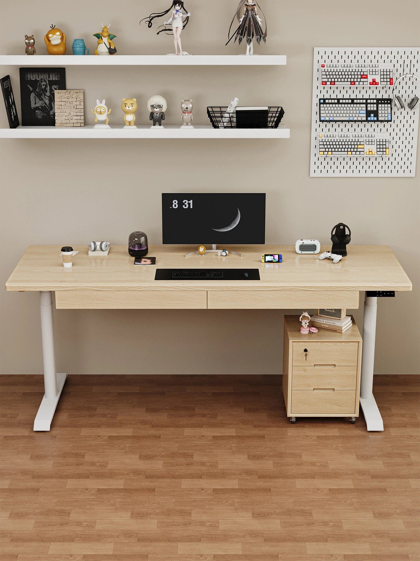 Ash wood electric standing desk with mobile file cabinet