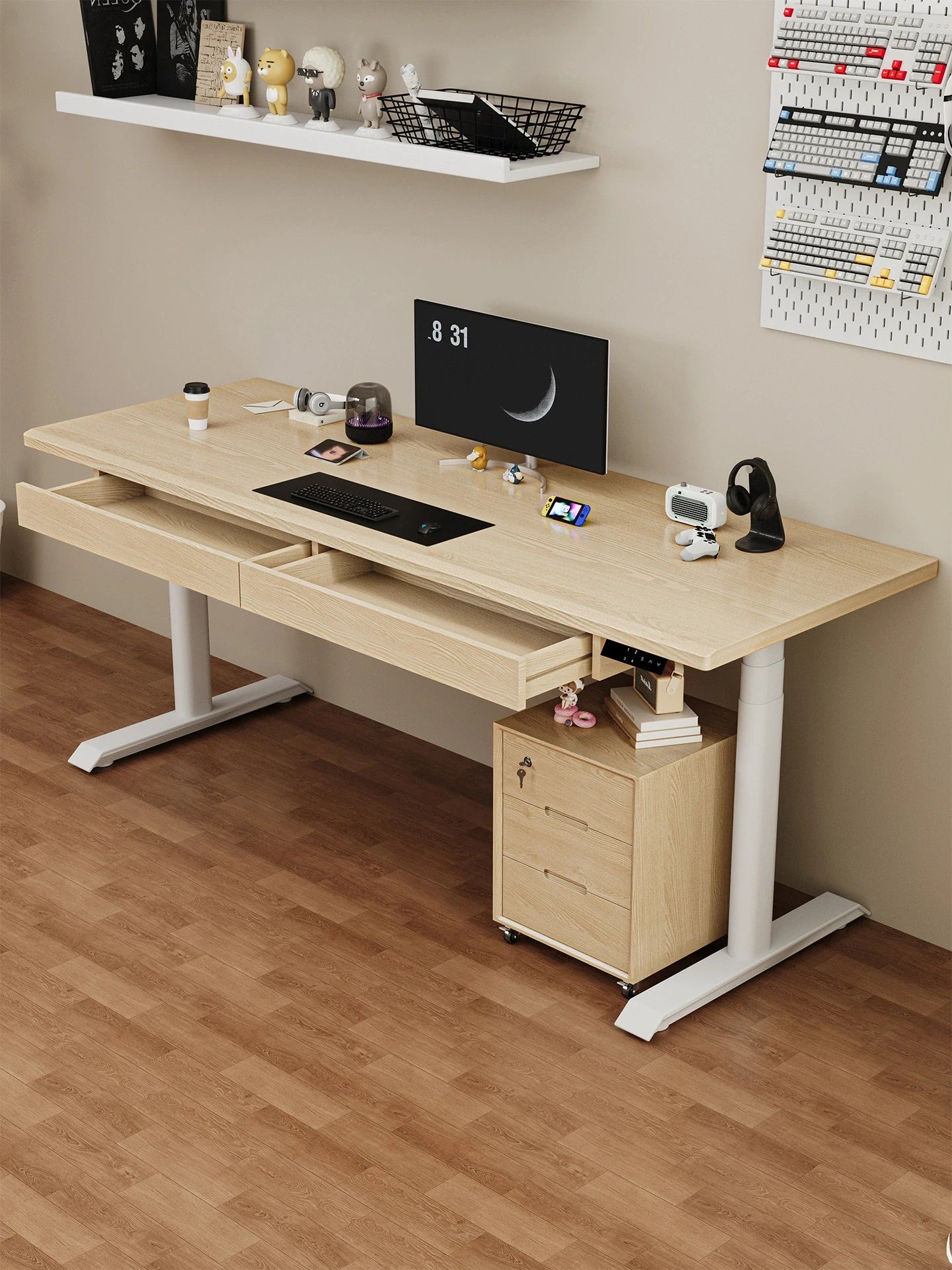 Natural ash electric standing desk in a modern home office