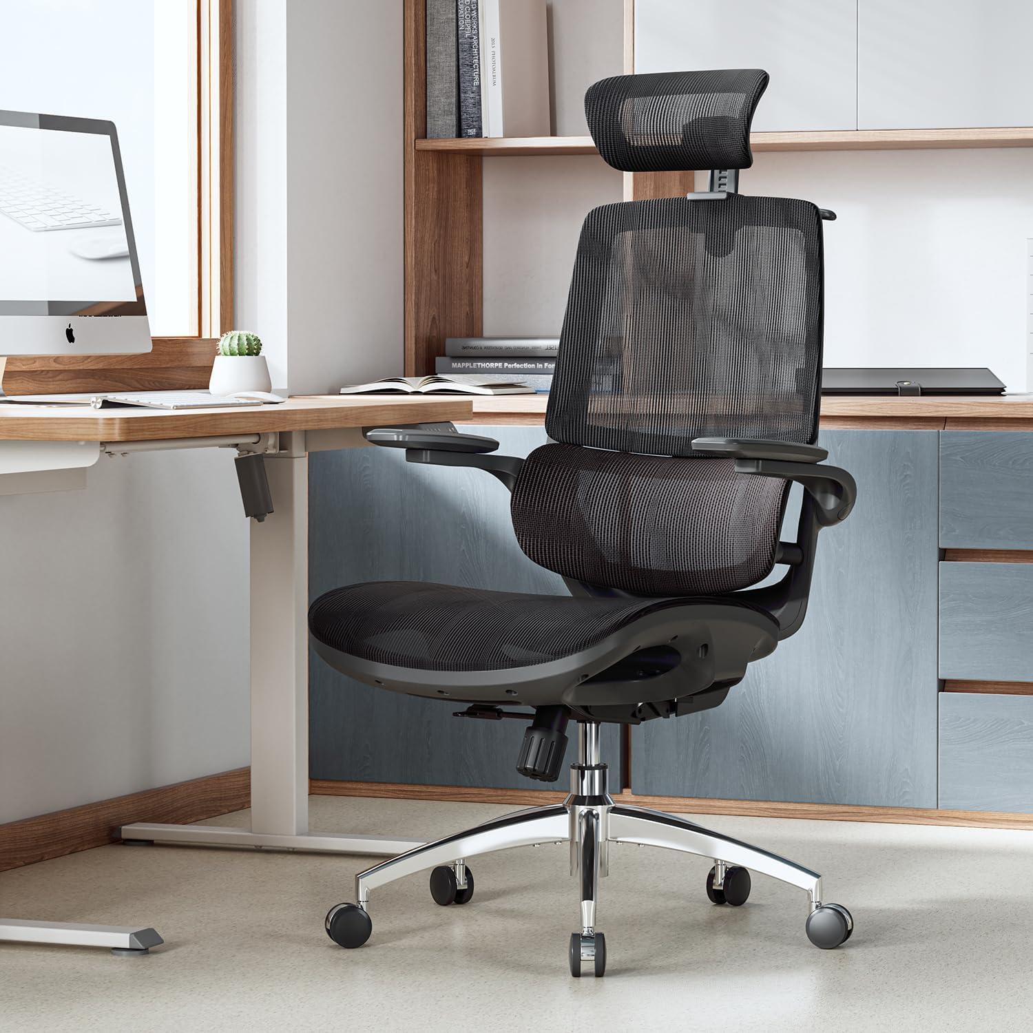 Ergonomic Office Chair - Space Saving Mesh Desk Chair with Flip-up Arms & Lumbar Support for Back Pain Relief, Comfortable Computer Chair for Long Hours