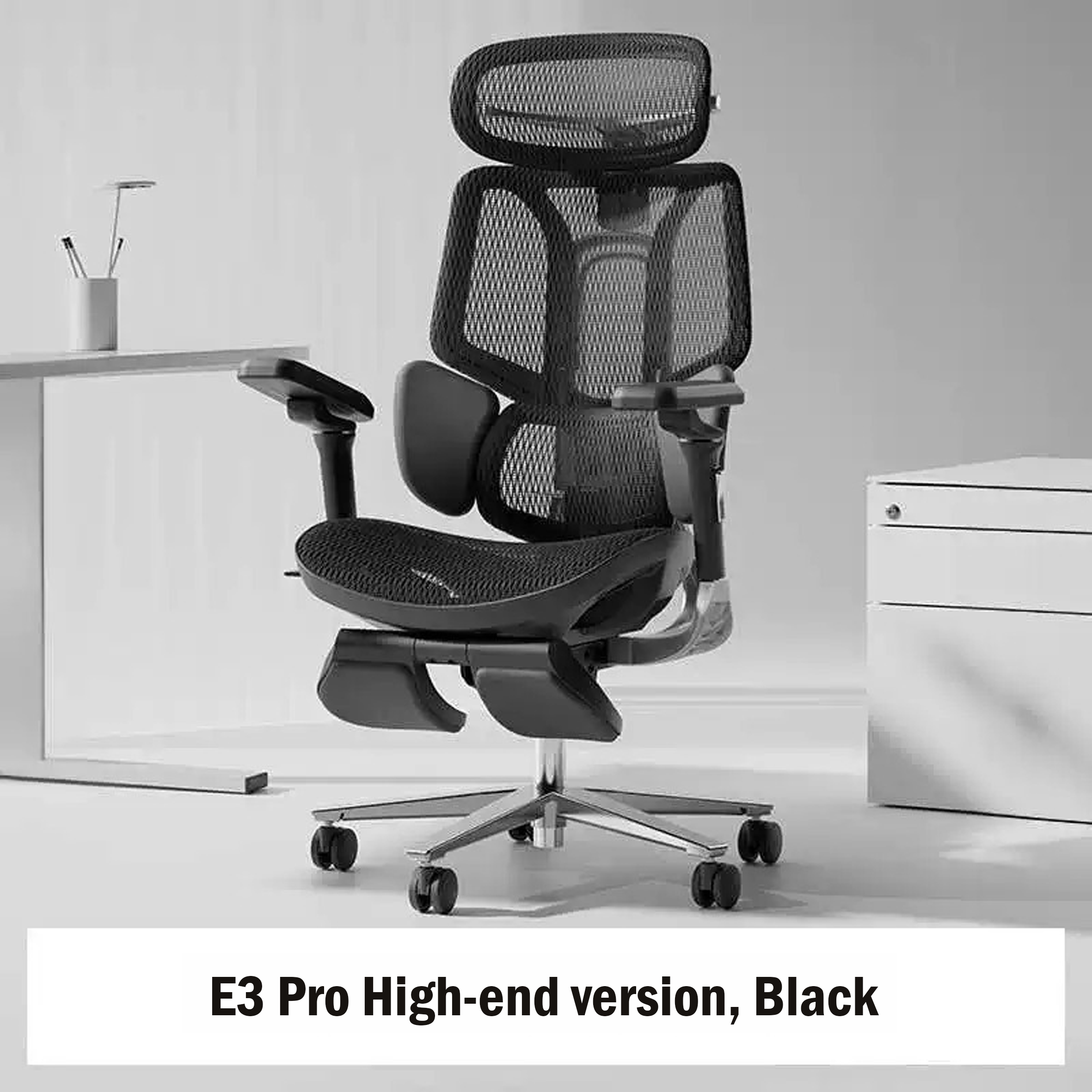 Close-up of high-elastic mesh fabric on an ergonomic office chair for cool and breathable seating.