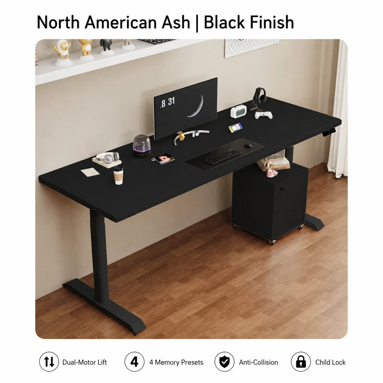 North American ash electric standing desk with black finish