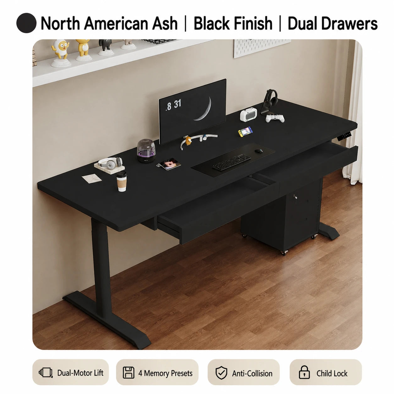 Black-finish ash electric standing desk with dual drawers