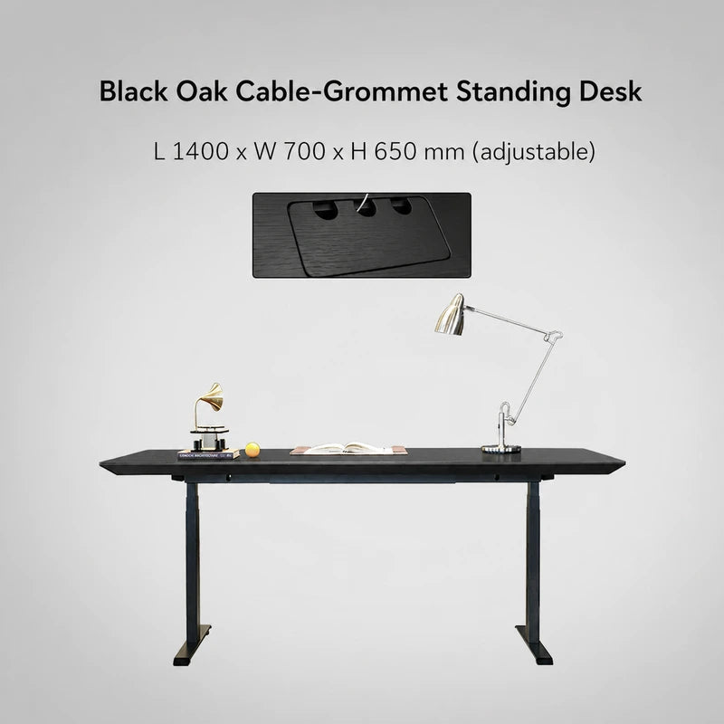 Black oak cable-grommet electric standing desk, 1400 x 700 x 650 mm
