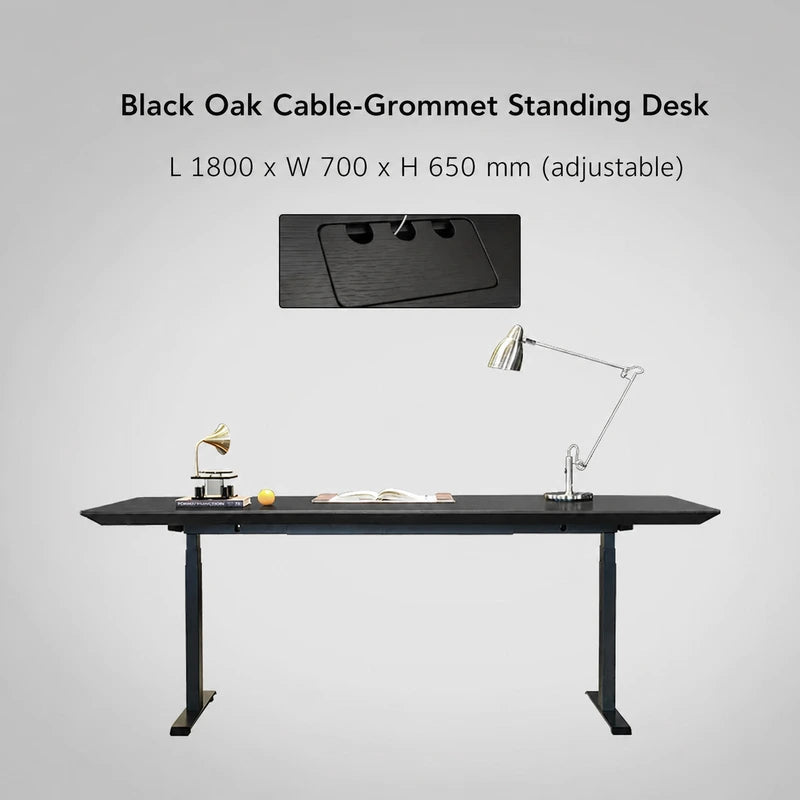 Black oak cable-grommet electric standing desk, 1800 x 700 x 650 mm