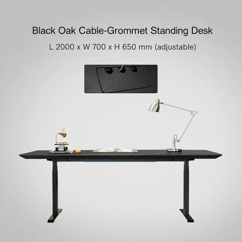 Black oak cable-grommet electric standing desk, 2000 x 700 x 650 mm