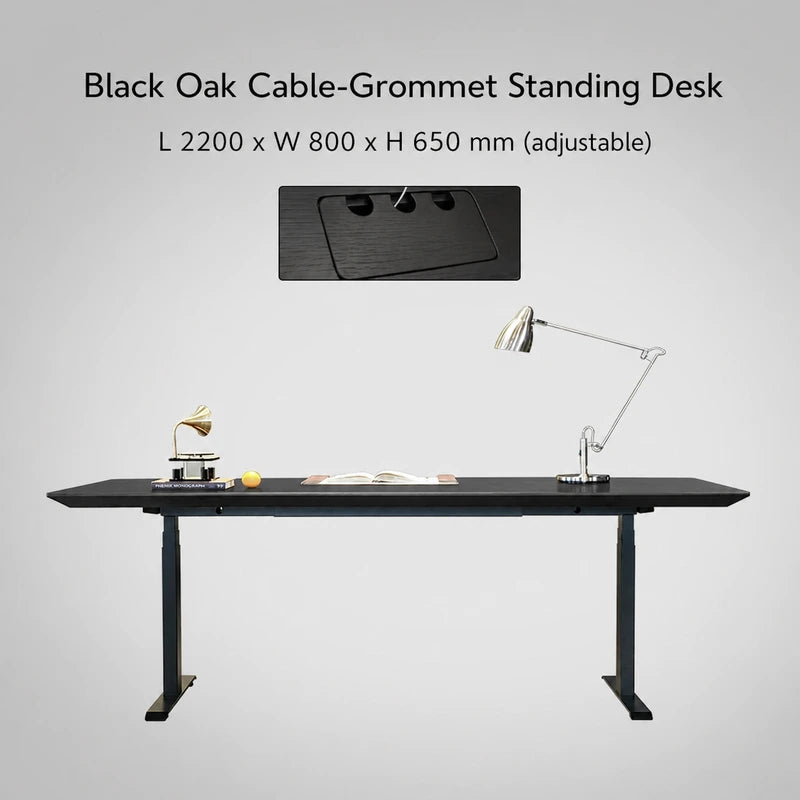 Black oak cable-grommet electric standing desk, 2200 x 800 x 650 mm