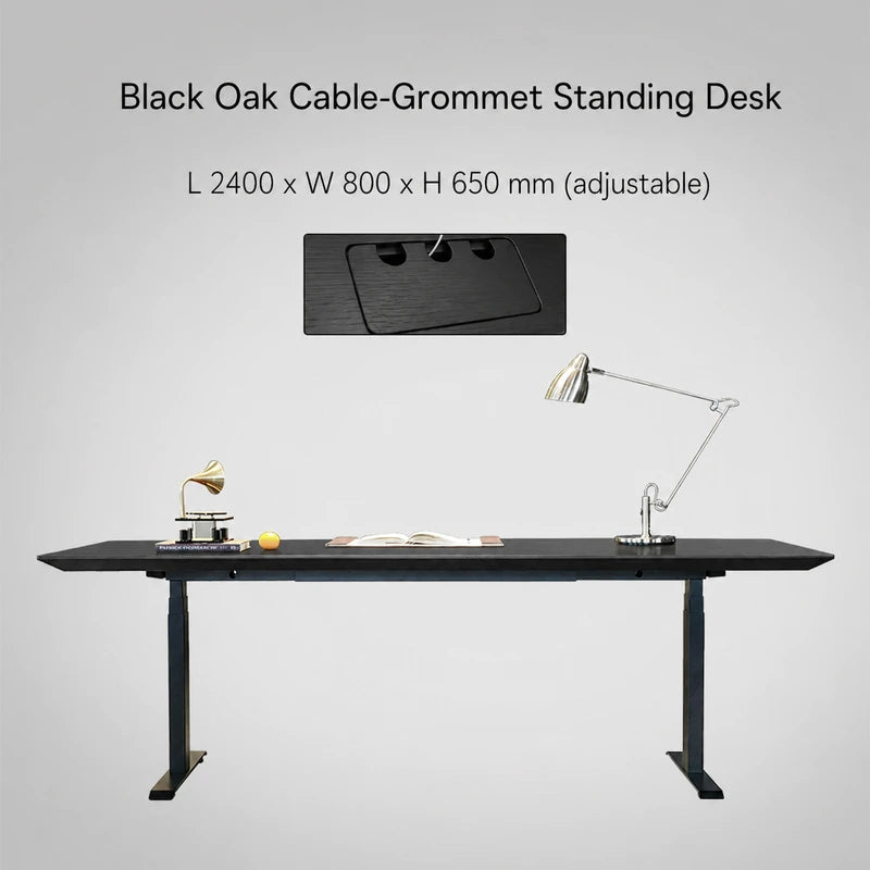 Black oak cable-grommet electric standing desk, 2400 x 800 x 650 mm