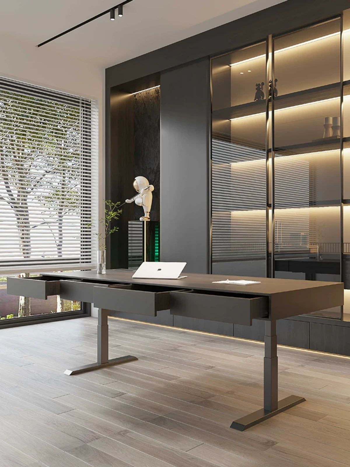 black oak electric standing desk in a refined home workspace
