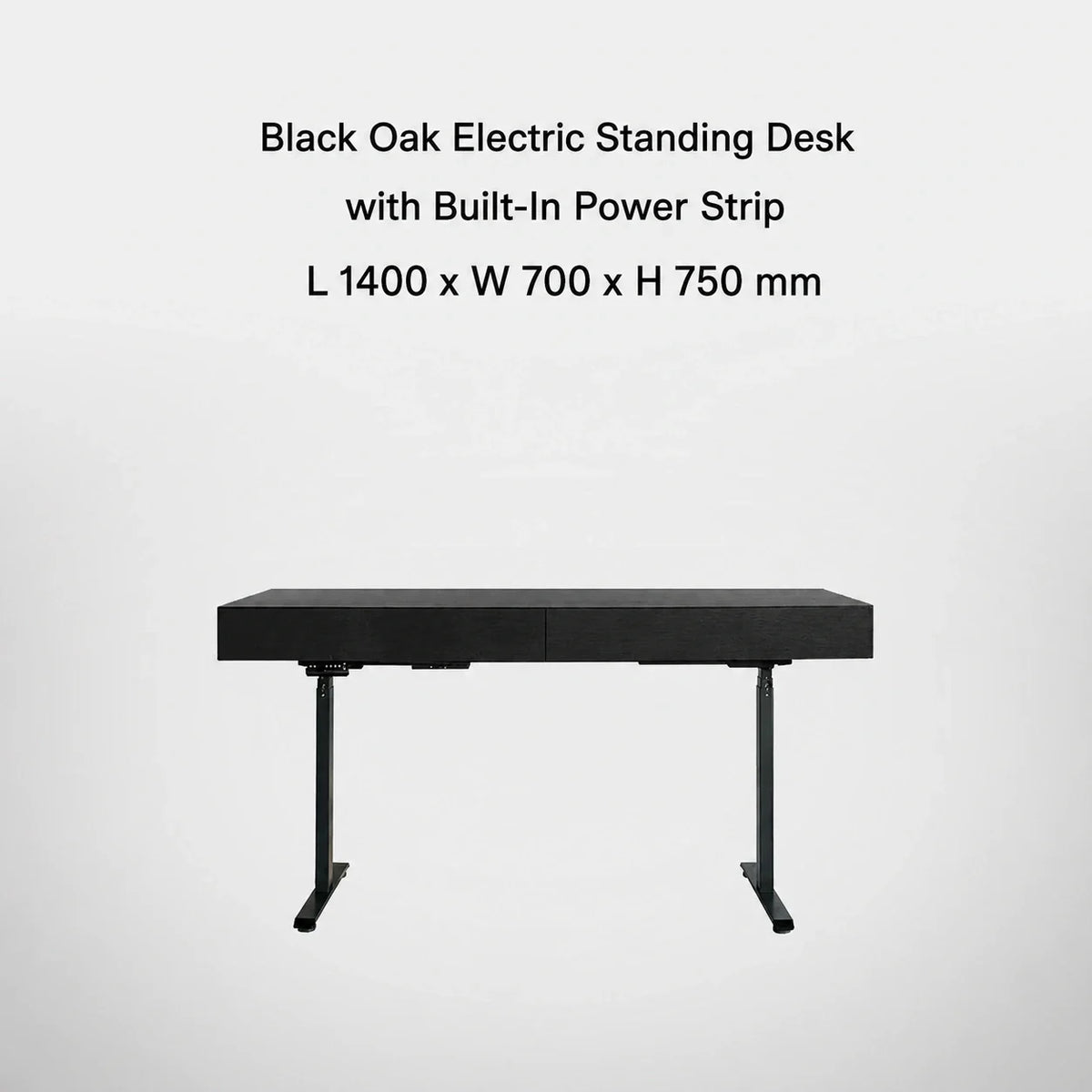Black oak electric standing desk with built-in power strip, L 1400 x W 700 x H 750 mm