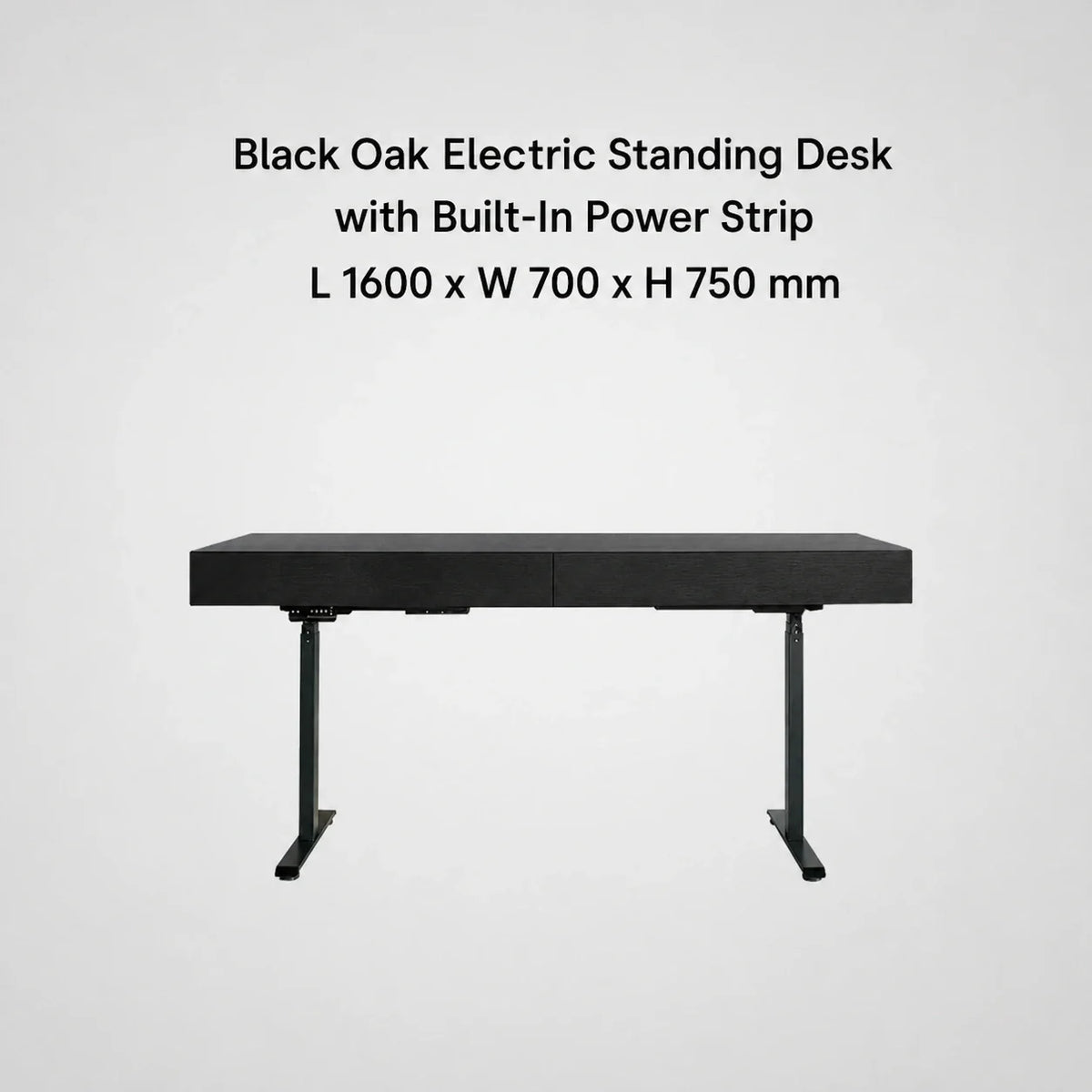 Black oak electric standing desk with built-in power strip, L 1600 x W 700 x H 750 mm