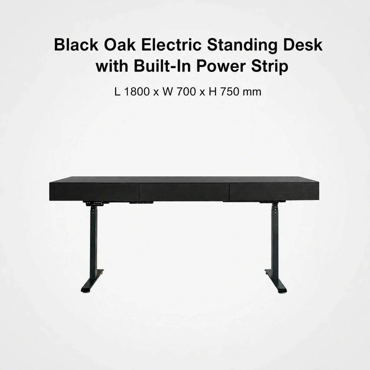 Black oak electric standing desk with built-in power strip, L 1800 x W 700 x H 750 mm