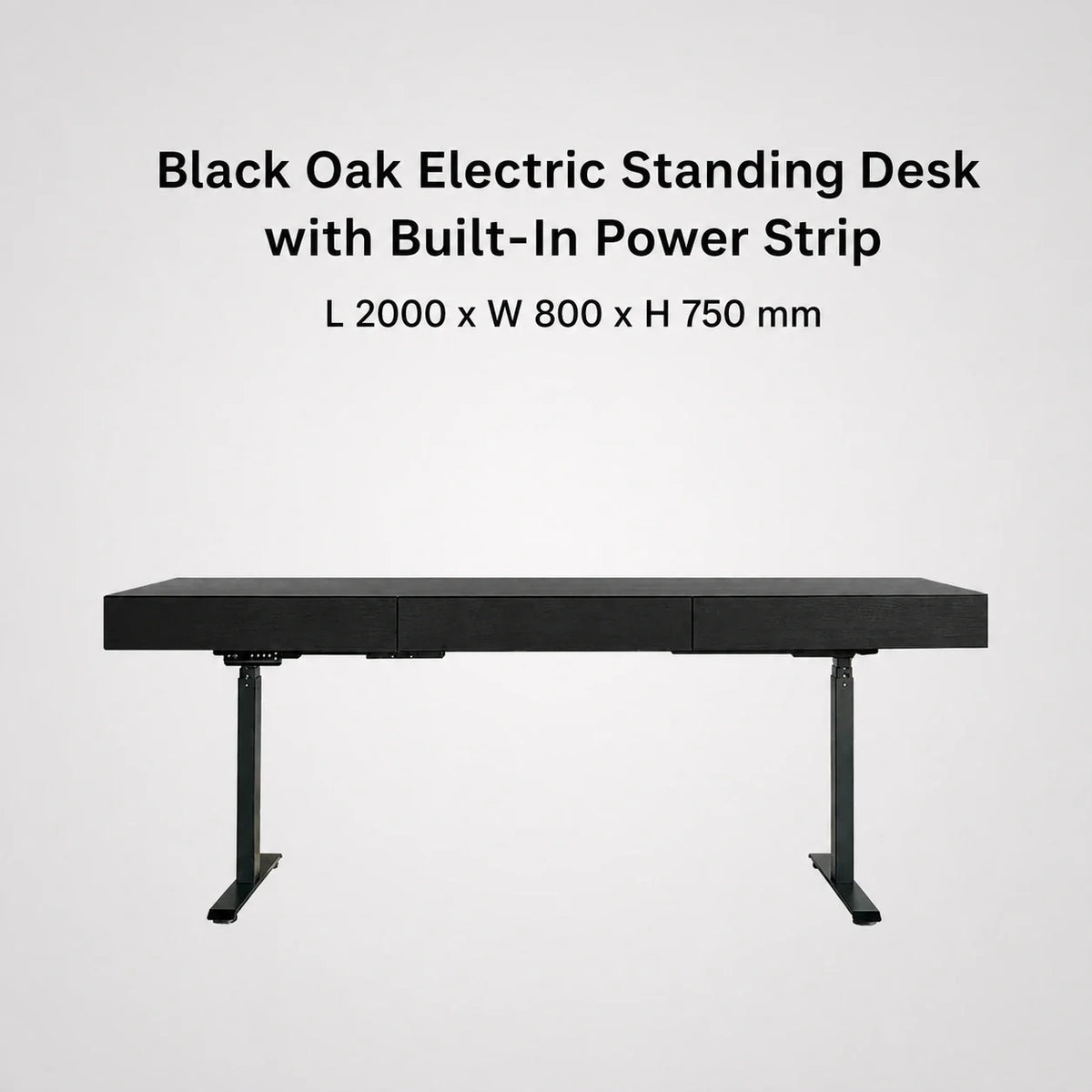 Black oak electric standing desk with built-in power strip, L 2000 x W 800 x H 750 mm