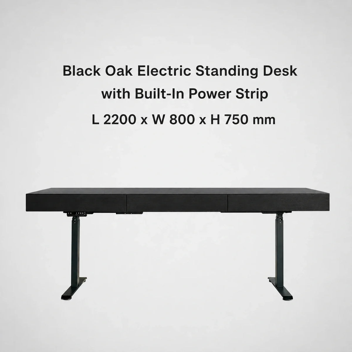 Black oak electric standing desk with built-in power strip, L 2200 x W 800 x H 750 mm