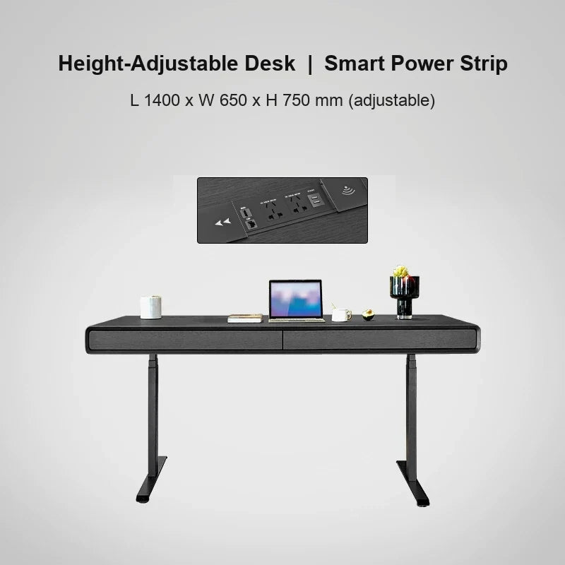 black oak electric standing desk with smart power strip 1400 x 650 x 750 mm