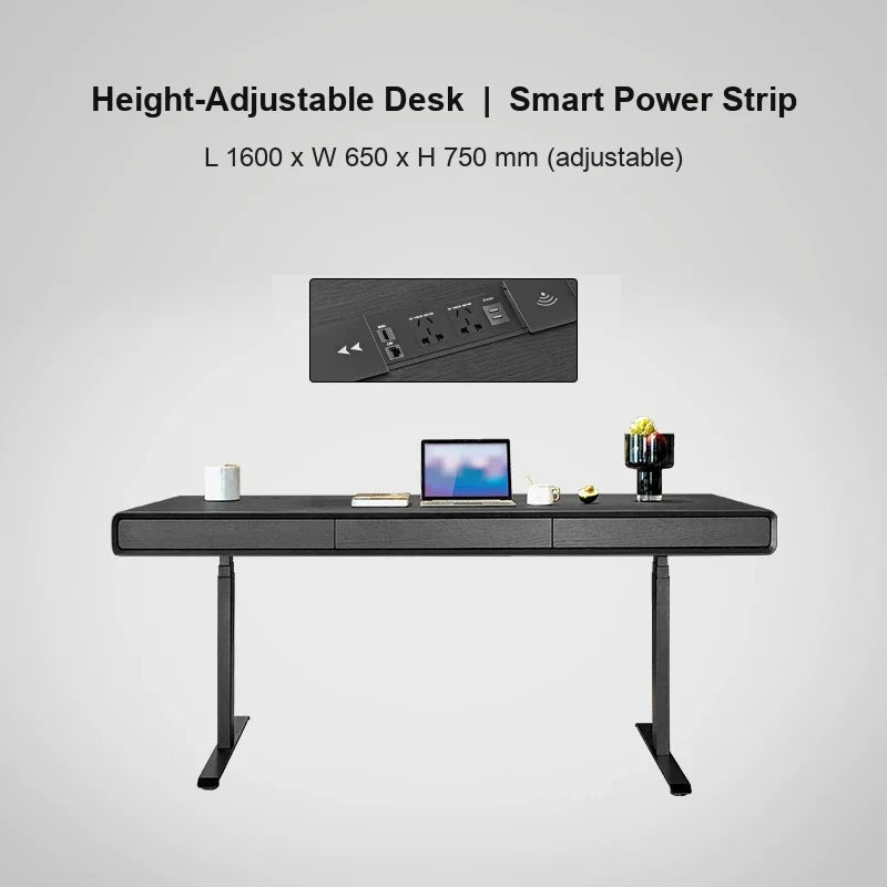 black oak electric standing desk with smart power strip 1600 x 650 x 750 mm