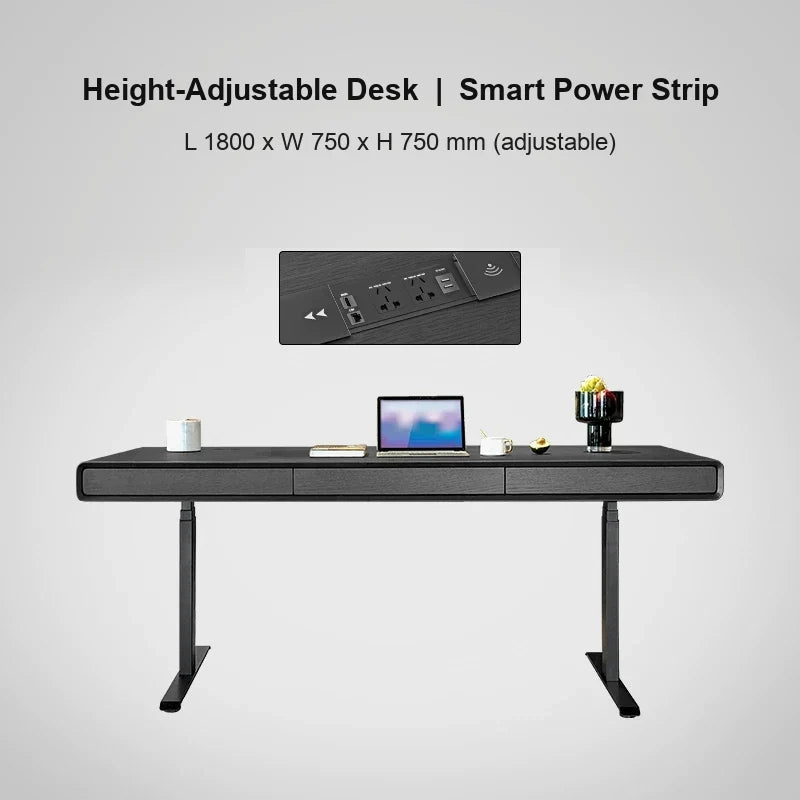 black oak electric standing desk with smart power strip 1800 x 750 x 750 mm