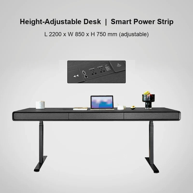 black oak electric standing desk with smart power strip 2200 x 850 x 750 mm