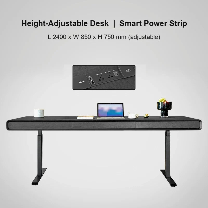 black oak electric standing desk with smart power strip 2400 x 850 x 750 mm