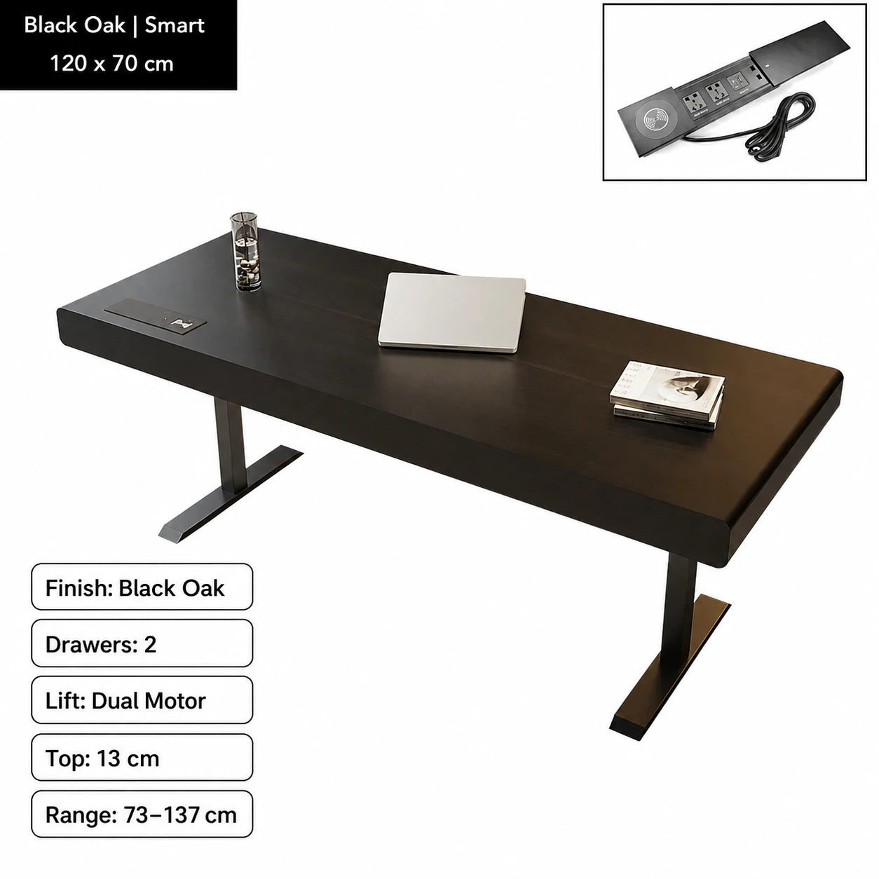 black oak electric standing desk with smart power strip 120 x 70 cm