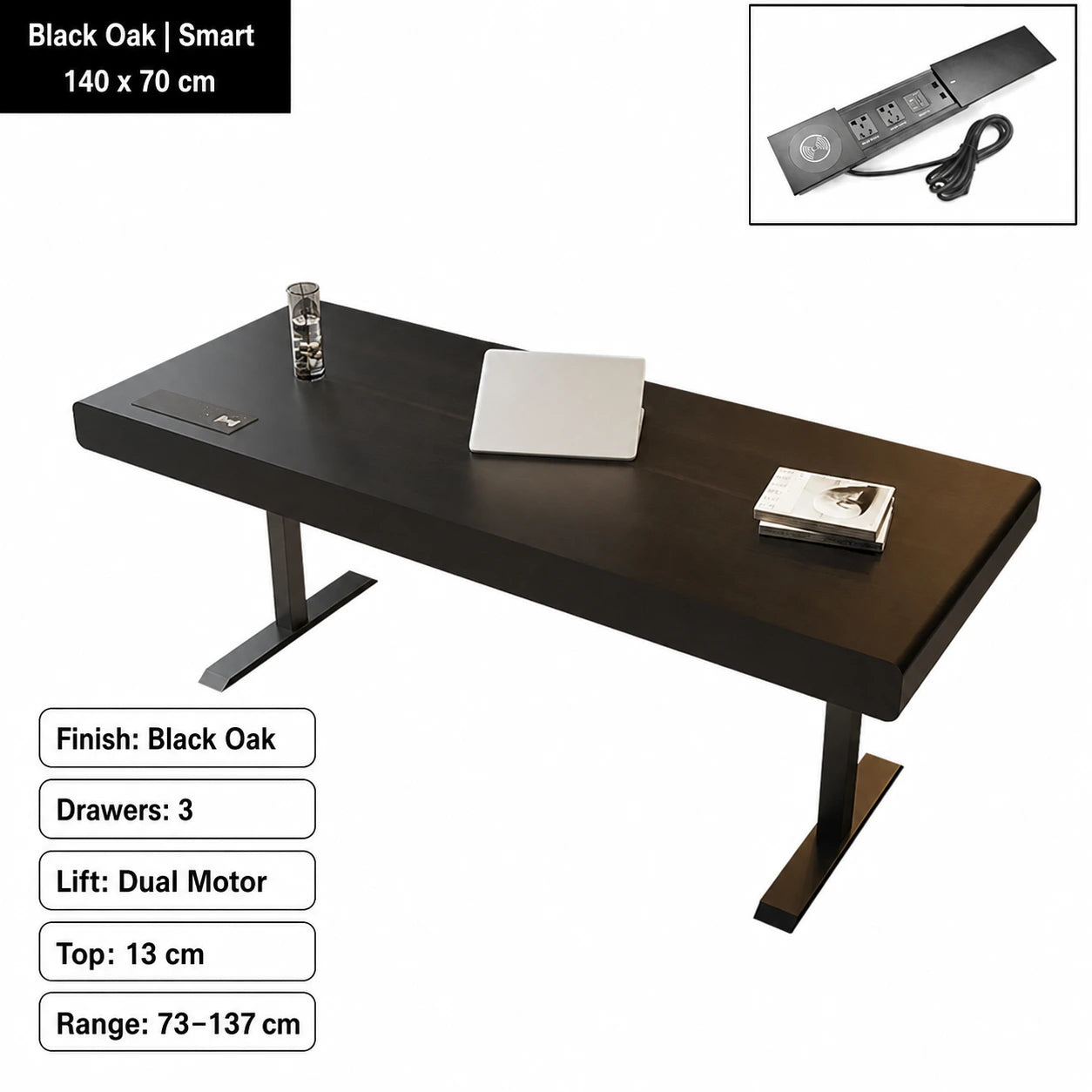 black oak electric standing desk with smart power strip 140 x 70 cm