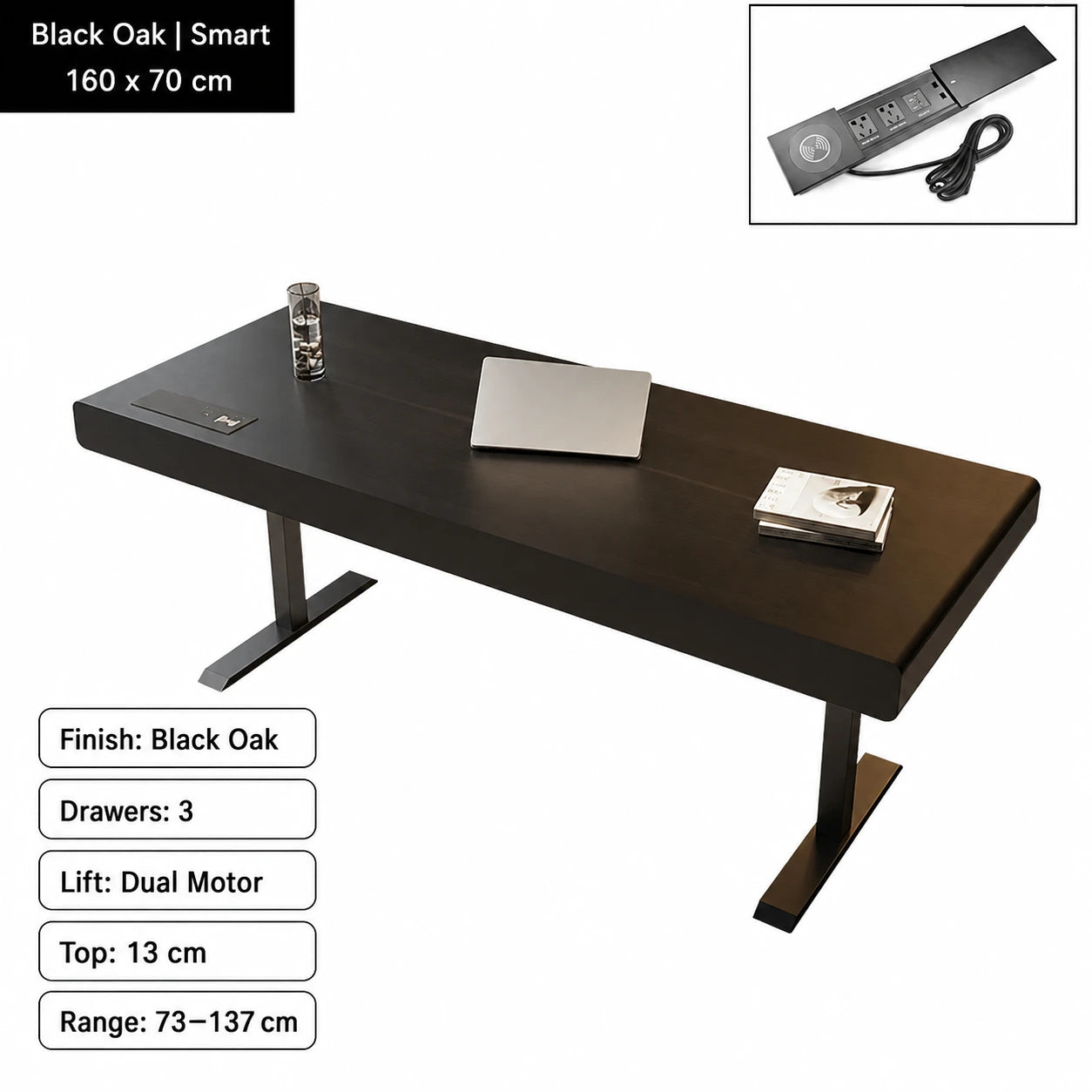 black oak electric standing desk with smart power strip 160 x 70 cm