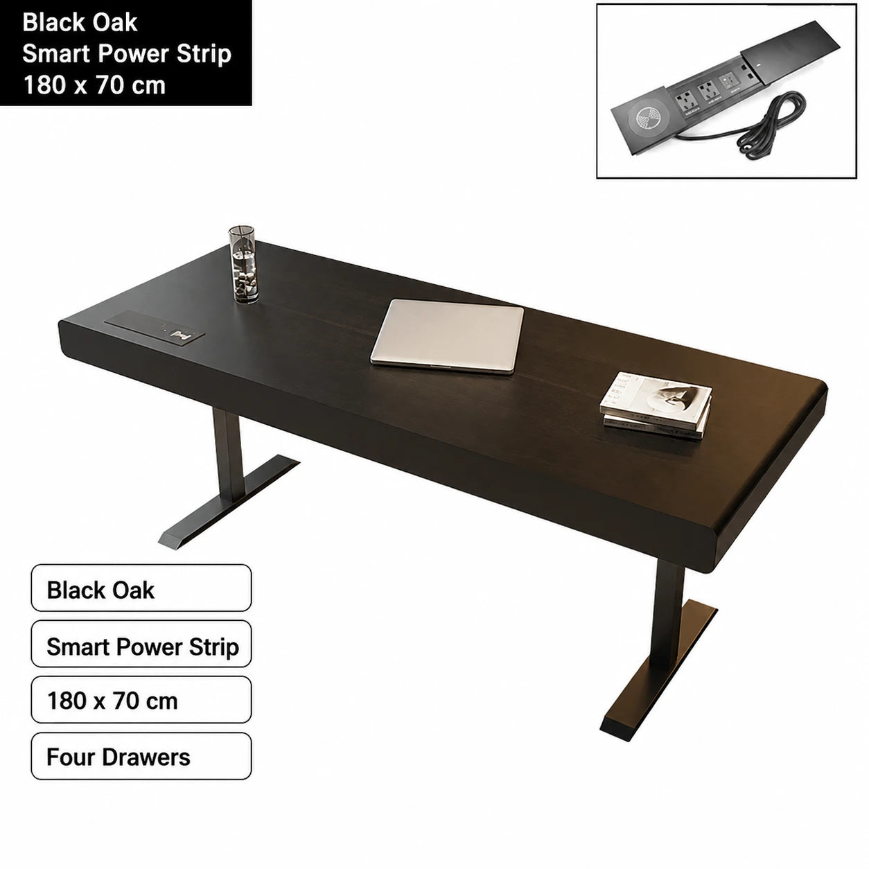 black oak electric standing desk with smart power strip 180 x 70 cm