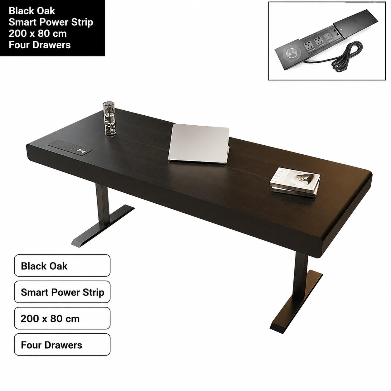 black oak electric standing desk with smart power strip 200 x 80 cm