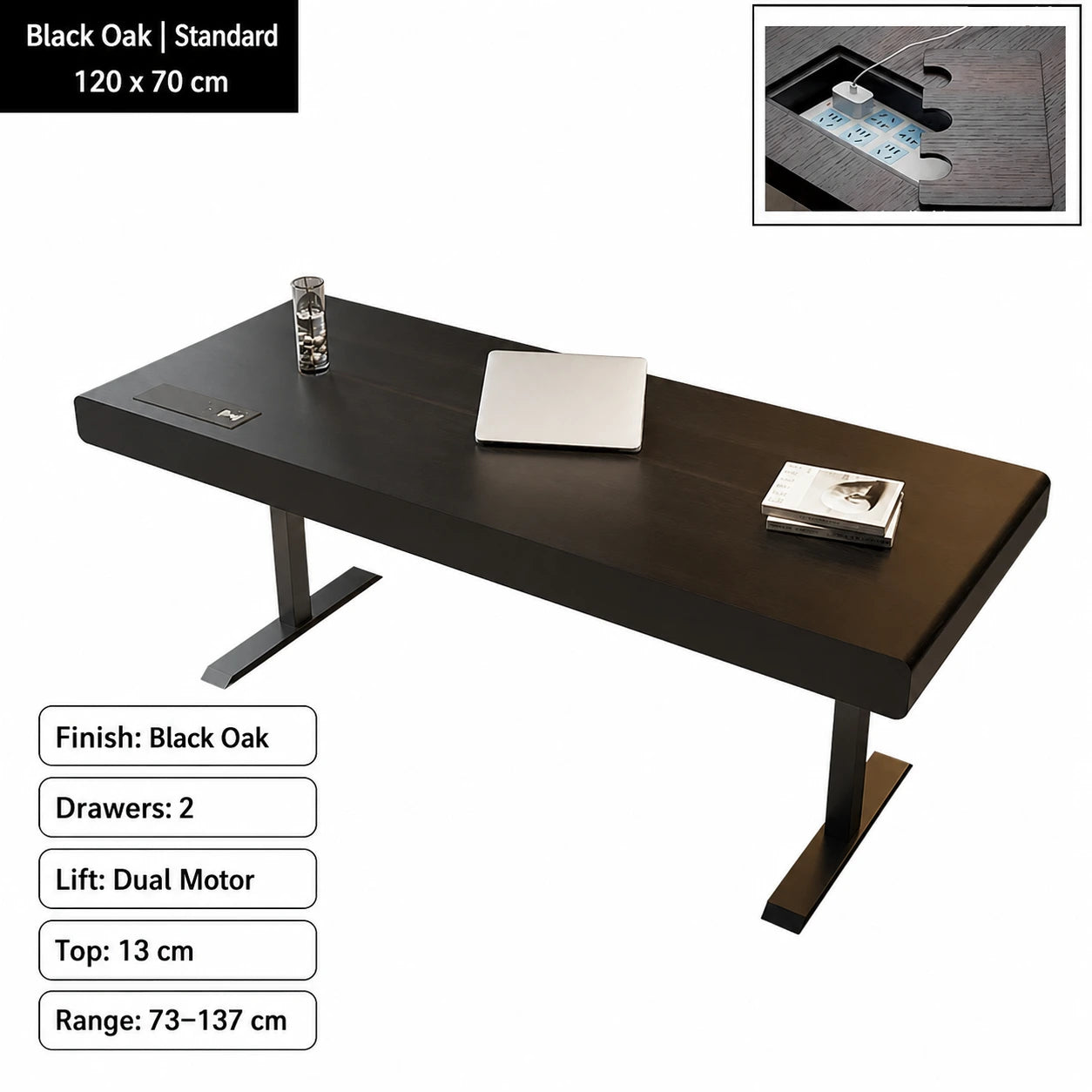 black oak electric standing desk standard configuration 120 x 70 cm