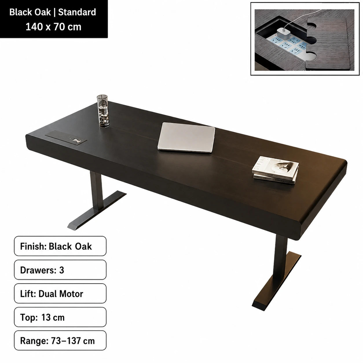 black oak electric standing desk standard configuration 140 x 70 cm