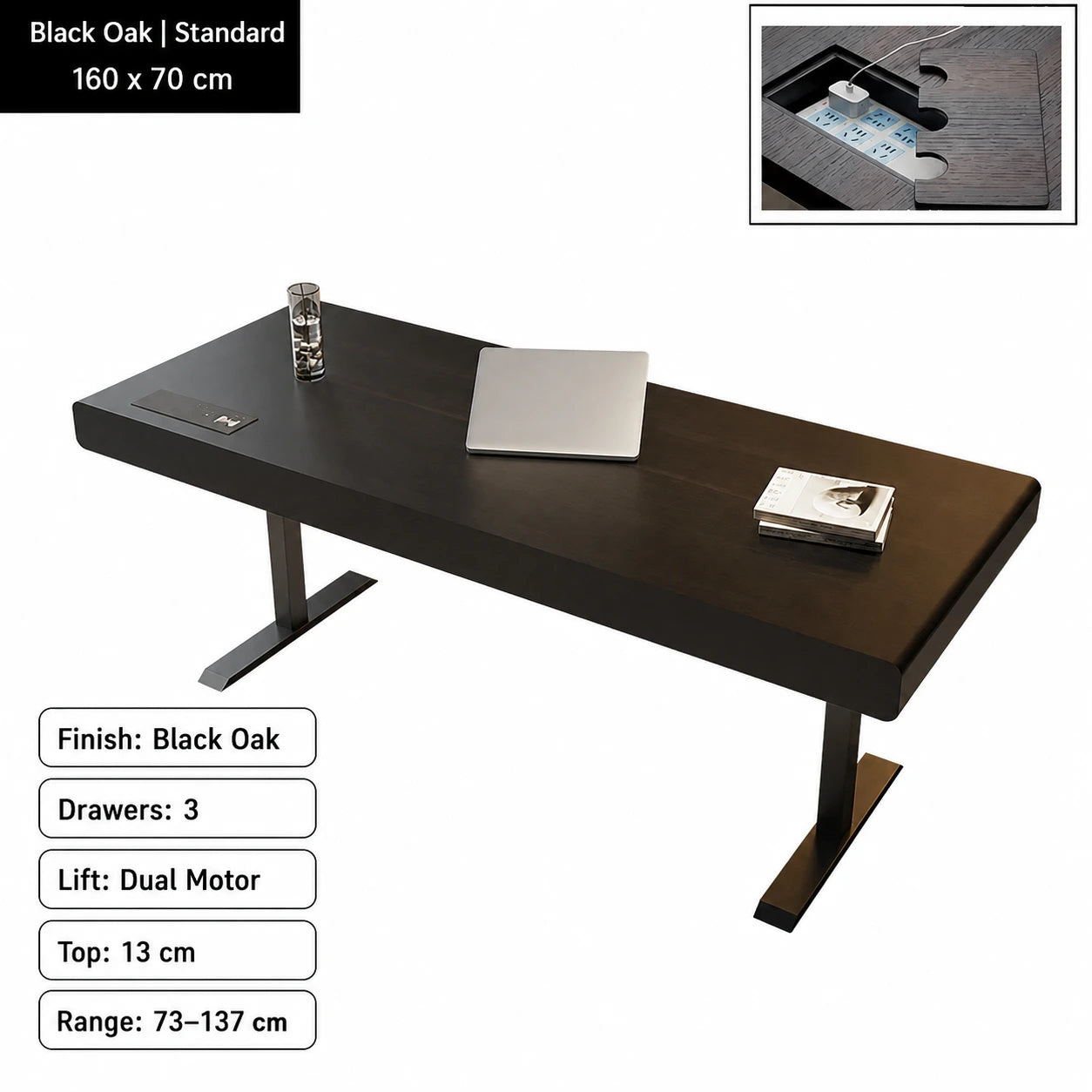 black oak electric standing desk standard configuration 160 x 70 cm
