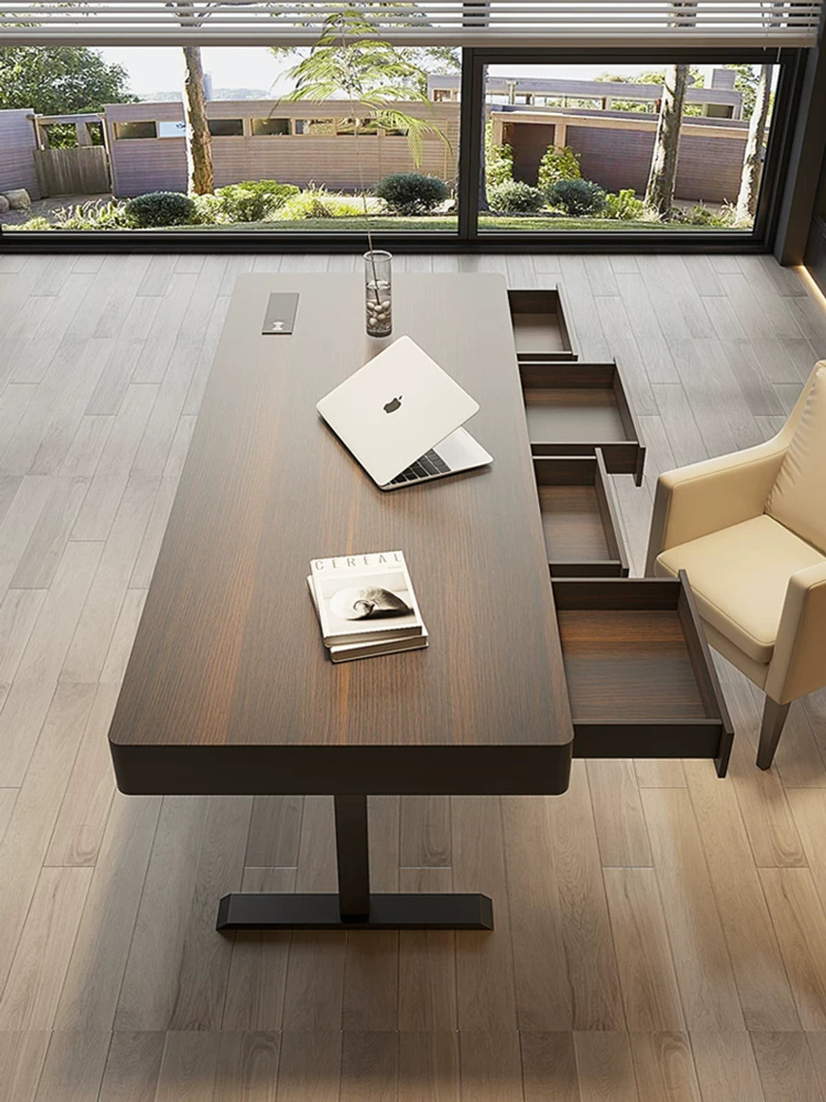 black oak standing desk with integrated power