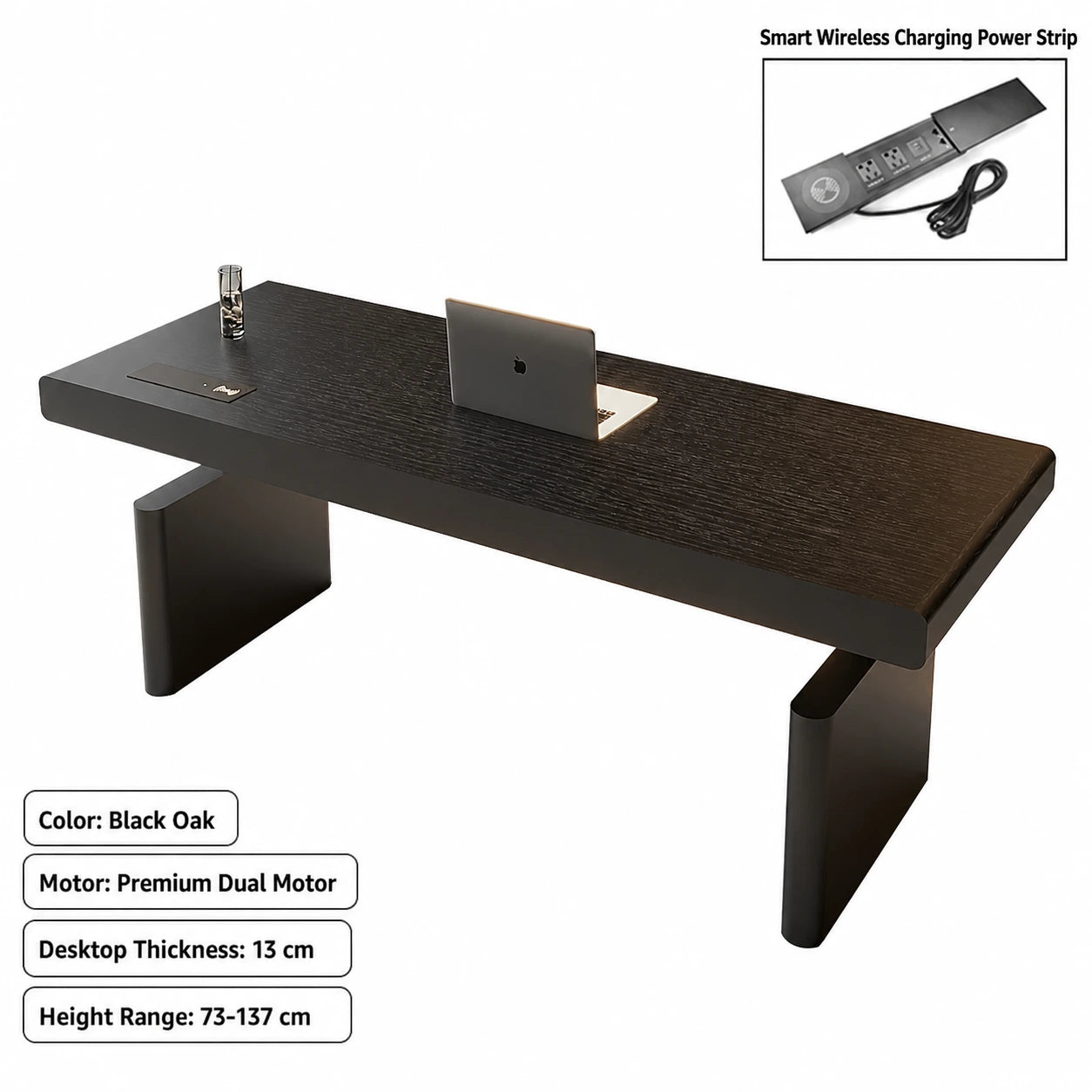 black oak standing desk with wireless charging power strip