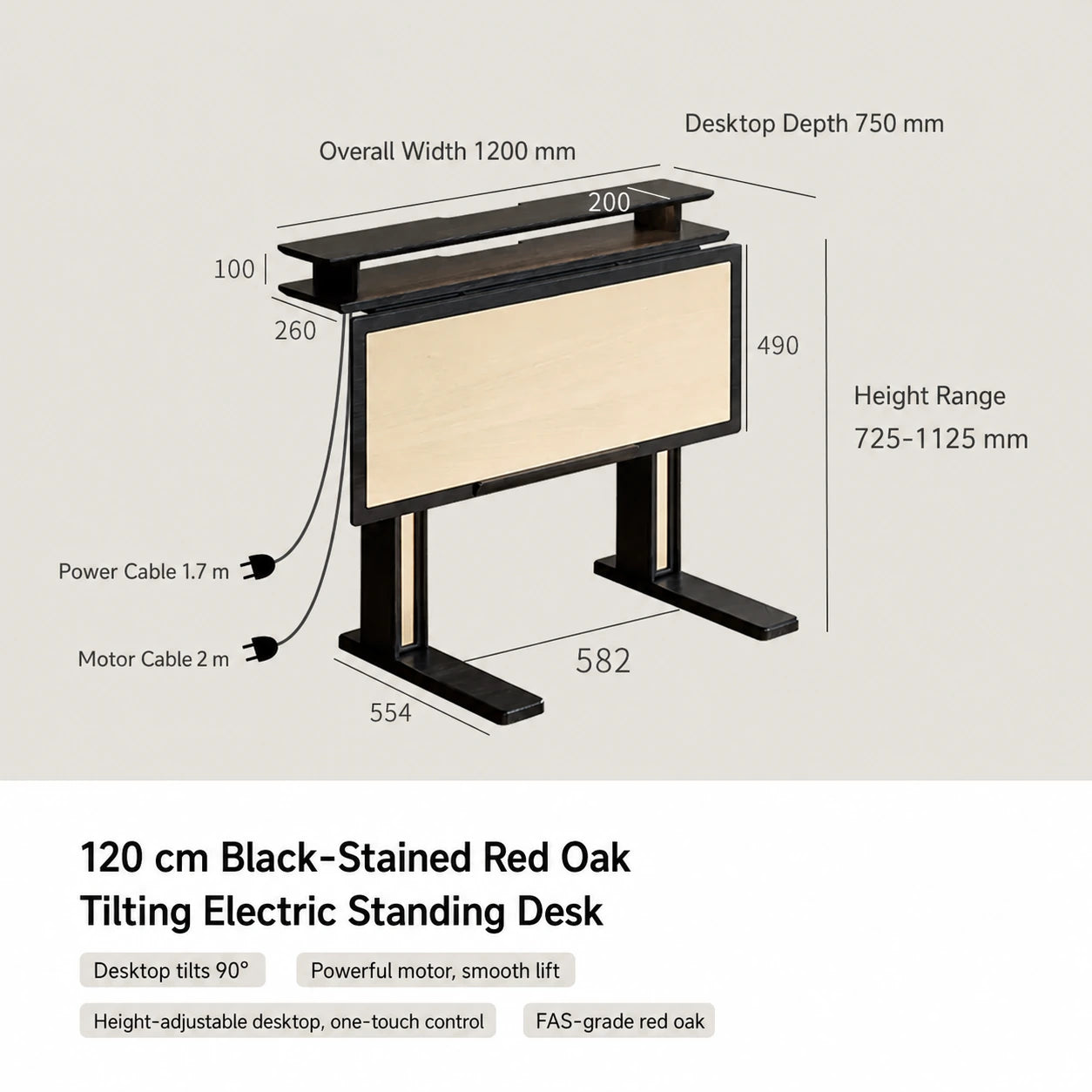 120 cm black-stained red oak tilting electric standing desk dimensions