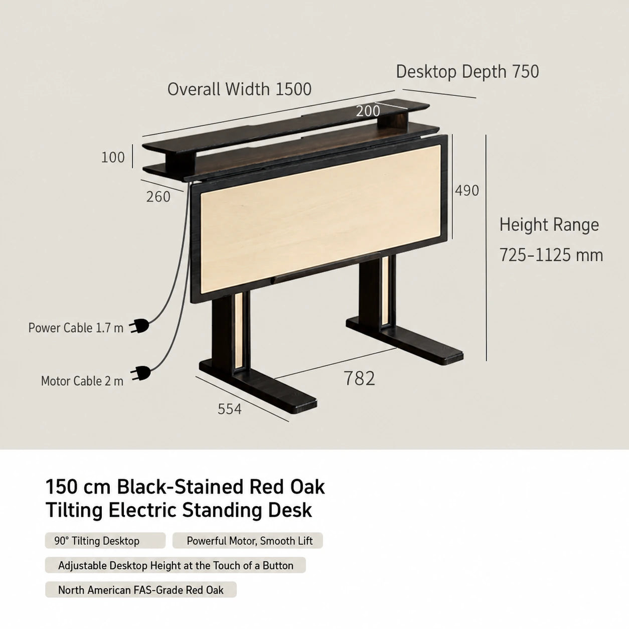 150 cm black-stained red oak tilting electric standing desk dimensions