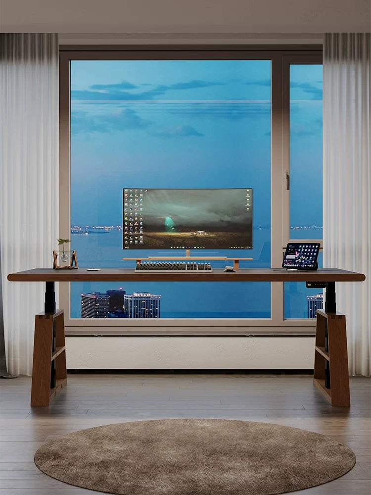Black saddle leather electric standing desk with solid ash A-legs, front view