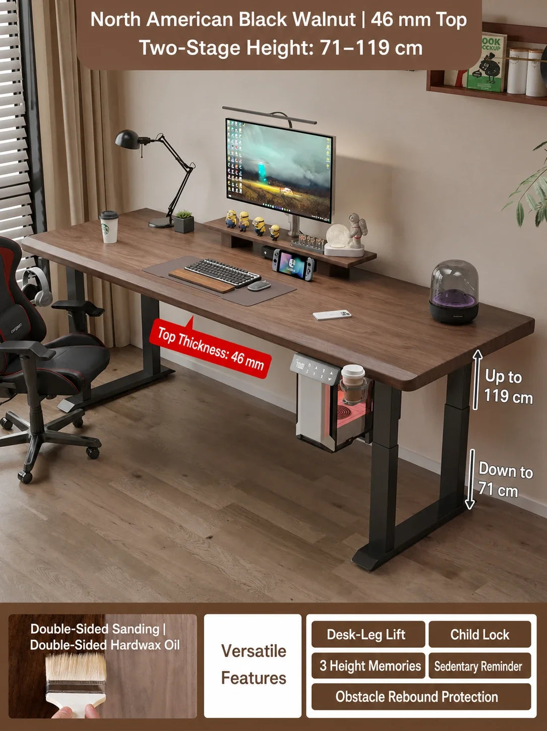 north american black walnut 46 mm standing desk desktop option