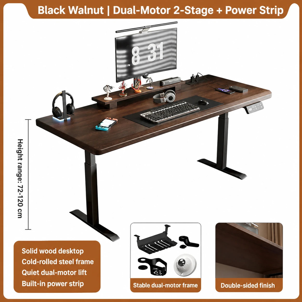 Black walnut dual-motor two-stage standing desk with built-in power strip