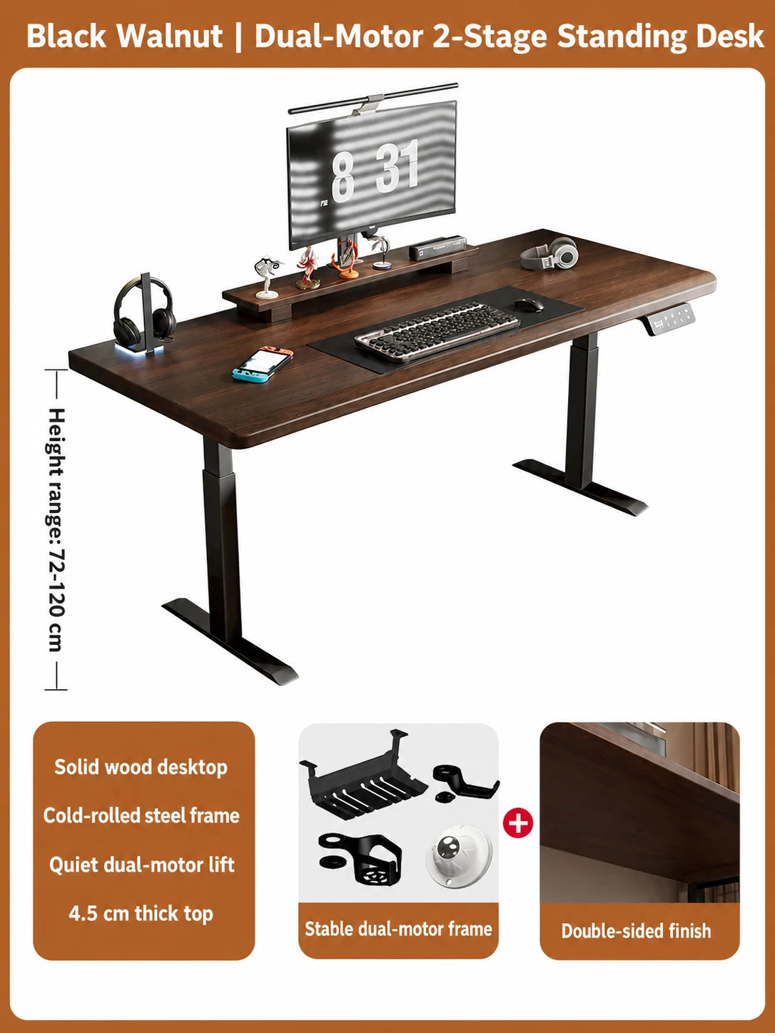 Black walnut solid wood dual-motor two-stage electric standing desk