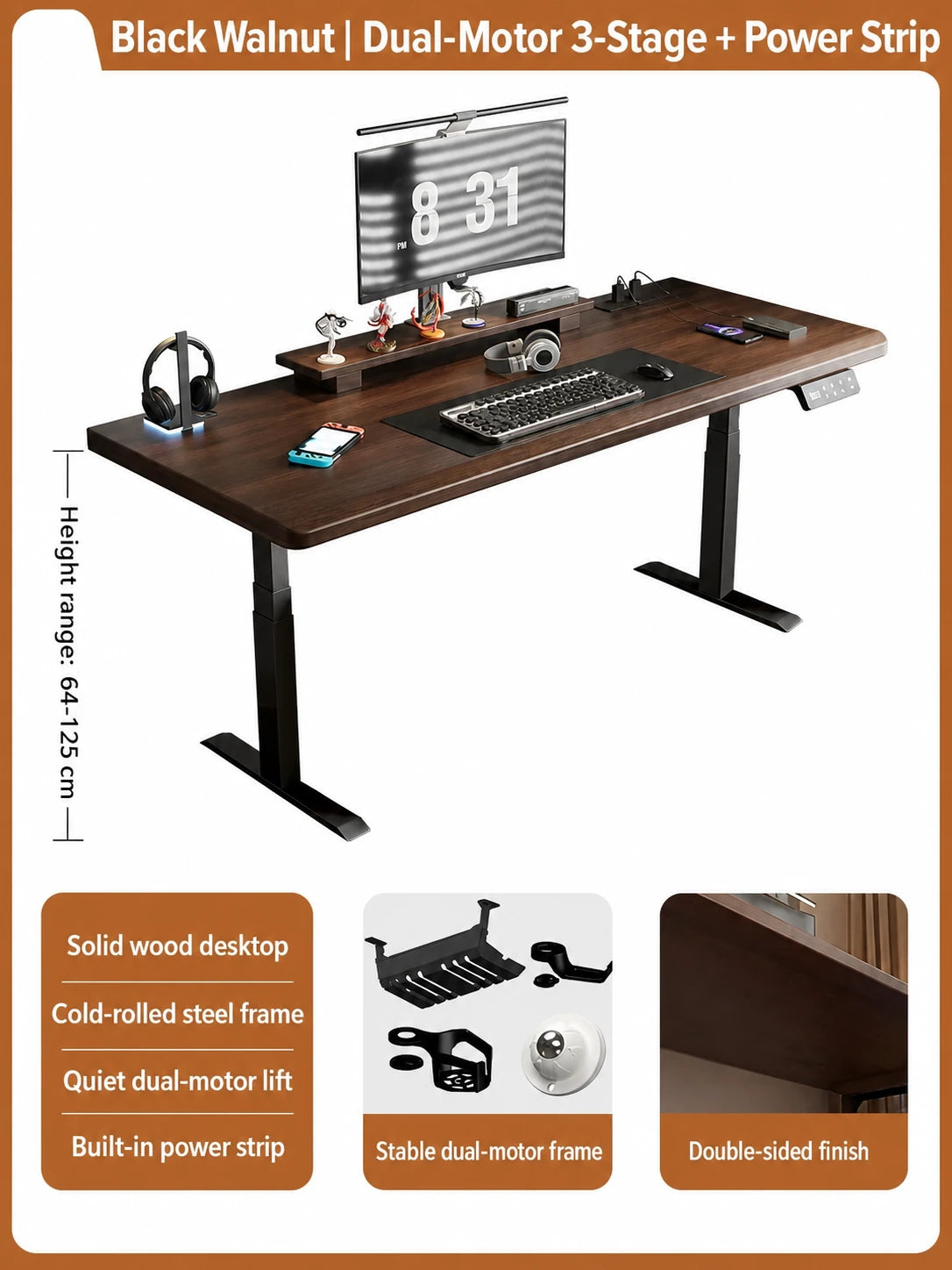 Black walnut dual-motor three-stage standing desk with built-in power strip