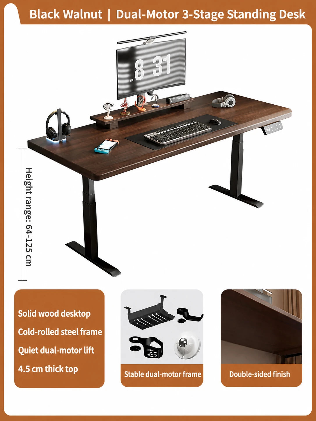 Black walnut solid wood dual-motor three-stage electric standing desk