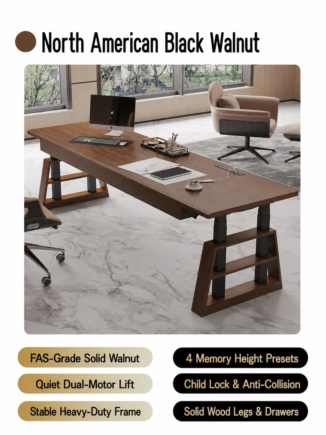 North American black walnut dual-motor electric standing desk